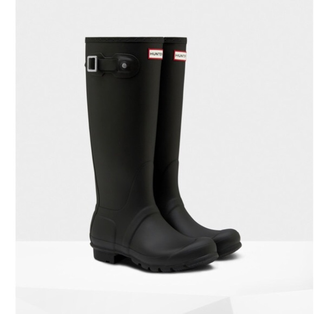 Tall matte black Hunter rain boots